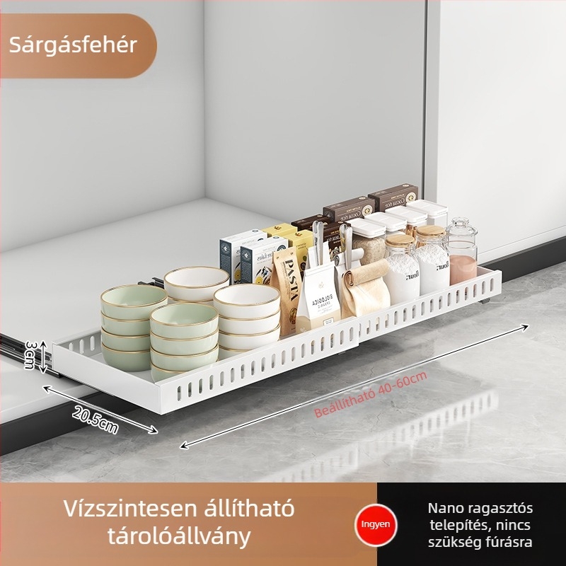 Konyhai tároló edényfedő állvány, állítható edényhelyező edénytartó, pultszekrény, tányér, kihúzható tárolóállvány