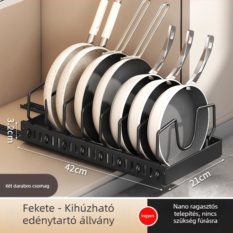 Konyhai tároló edényfedő állvány, állítható edényhelyező edénytartó, pultszekrény, tányér, kihúzható tárolóállvány