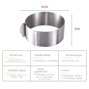 Kerek, rozsdamentes acélból készült, visszahúzható sifon tortagyűrű, állítható, 6-12 hüvelykes mousse tortagyűrű sütőformához