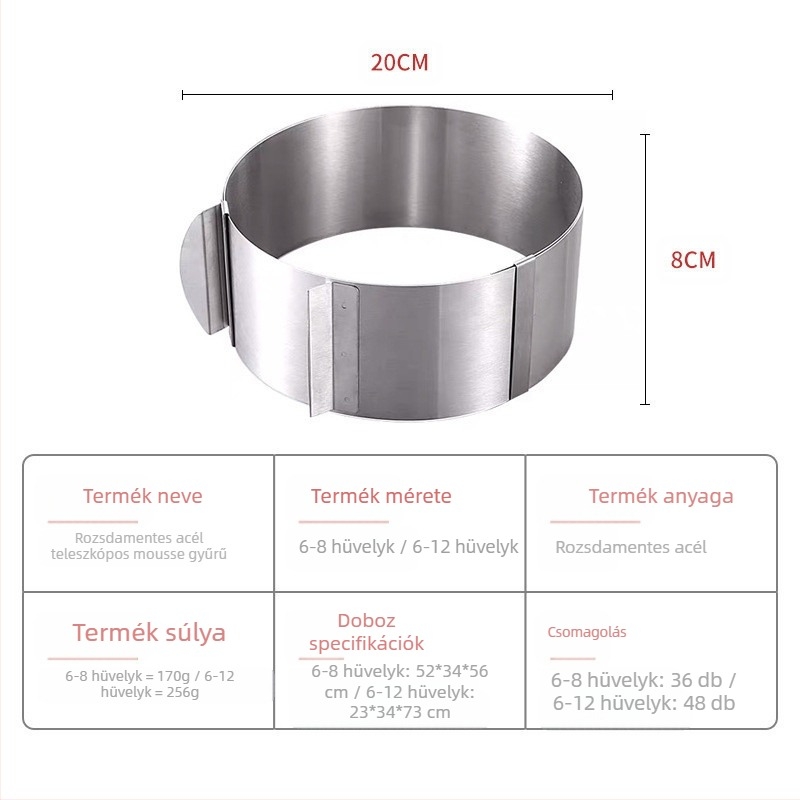 Kerek, rozsdamentes acélból készült, visszahúzható sifon tortagyűrű, állítható, 6-12 hüvelykes mousse tortagyűrű sütőformához