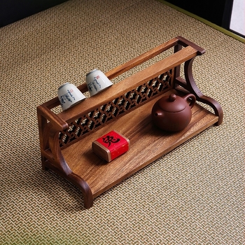 Új, dió színű, dupla használatú pohártartó, teáscsésze, teáskanna tároló, antik állvány, új, kínai stílusú teapolc, teaasztal tárolóállvány