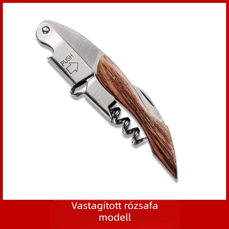 Rozsdamentes acélból készült Seahorse kés, borosüvegnyitó, multifunkcionális tömörfa bornyitó, bornyitó, LOGO felirattal