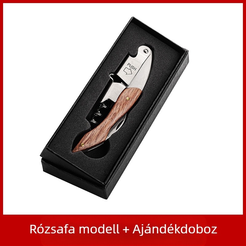 Rozsdamentes acélból készült Seahorse kés, borosüvegnyitó, multifunkcionális tömörfa bornyitó, bornyitó, LOGO felirattal
