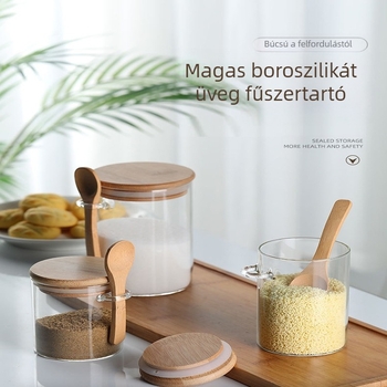 Kerek, magas boroszilikát üvegből készült, lezárt befőttesüveg kanállal, átlátszó üveg fűszeres befőttesüveg kanállal, konyhai gabonafélék aszalt gyümölcs tároló palack