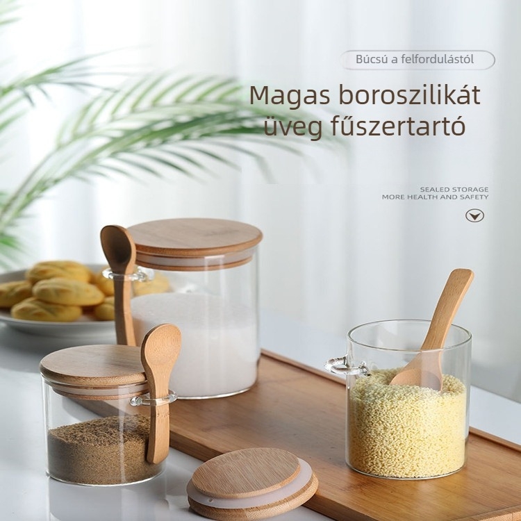 Kerek, magas boroszilikát üvegből készült, lezárt befőttesüveg kanállal, átlátszó üveg fűszeres befőttesüveg kanállal, konyhai gabonafélék aszalt gyümölcs tároló palack