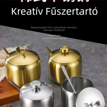 Koreai stílusú rozsdamentes acél fűszeres üveg, konyhai chili szójaszósz üveg, sóüveg kanállal, fűszerdoboz kreatív arany üveg