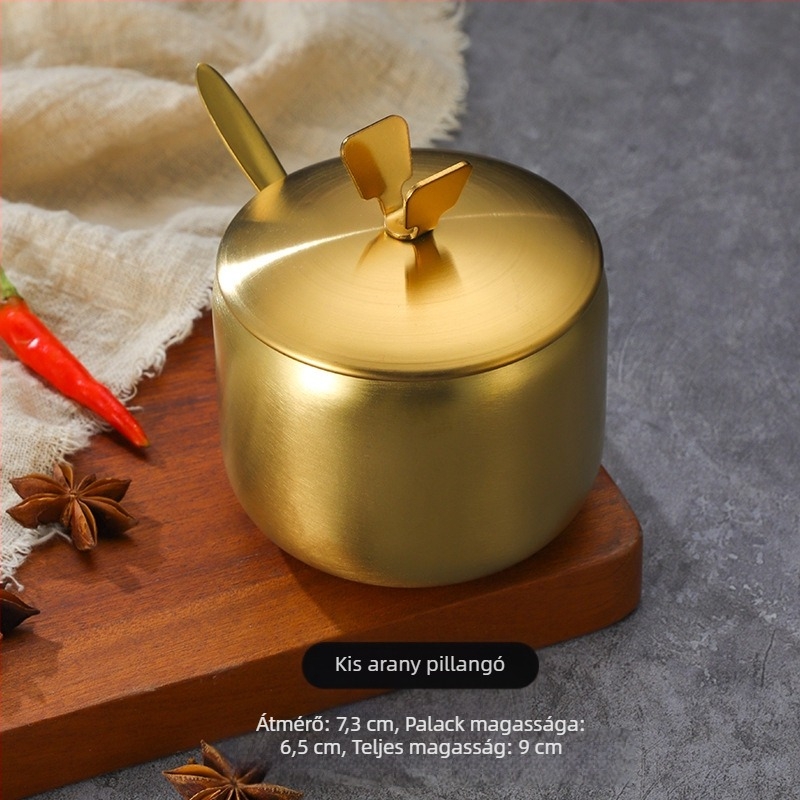 Koreai stílusú rozsdamentes acél fűszeres üveg, konyhai chili szójaszósz üveg, sóüveg kanállal, fűszerdoboz kreatív arany üveg