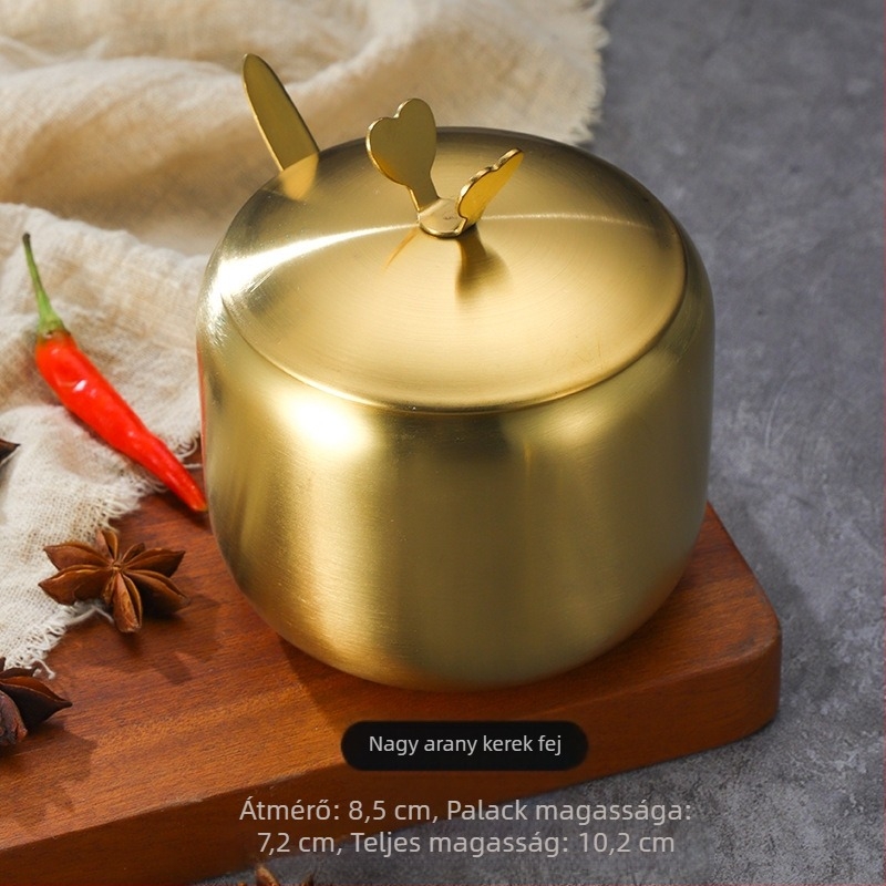 Koreai stílusú rozsdamentes acél fűszeres üveg, konyhai chili szójaszósz üveg, sóüveg kanállal, fűszerdoboz kreatív arany üveg