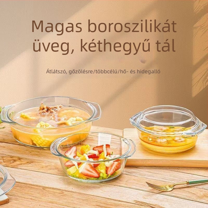 Üvegtál fedővel, speciális edénytányér mikrohullámú sütőben való melegítéshez, magas hőmérsékletnek ellenálló háztartási mosogató, nagy levesestál, tojásleves, párolt tojástál