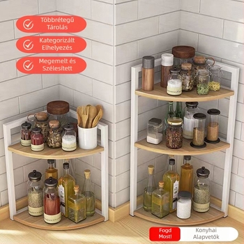 Konyhai saroktároló állvány, pult, háromszög alakú fűszertartó rendező, fúrás nélküli fali sarokállvány, állvány