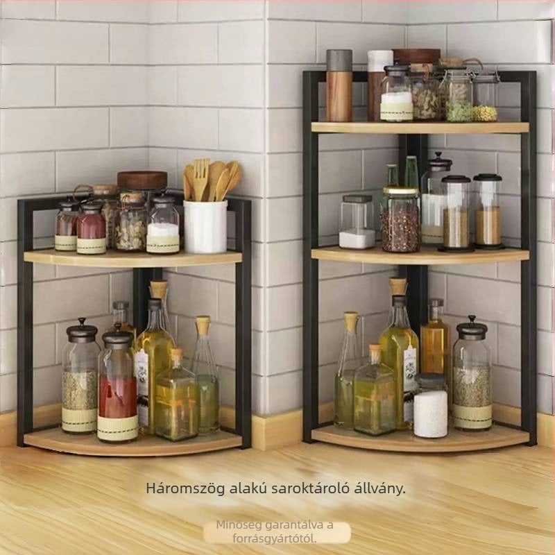 Konyhai saroktároló állvány, pult, háromszög alakú fűszertartó rendező, fúrás nélküli fali sarokállvány, állvány