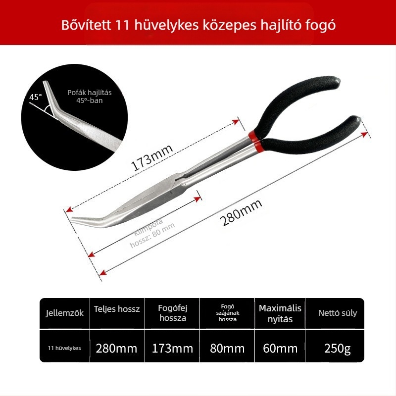 Keresztmetszetű toldófogó, hegyes orrú fogó, 11 hüvelykes O-szorítófejjel, gyújtógyertya-leállító fogó, olajcső-leválasztó fogó