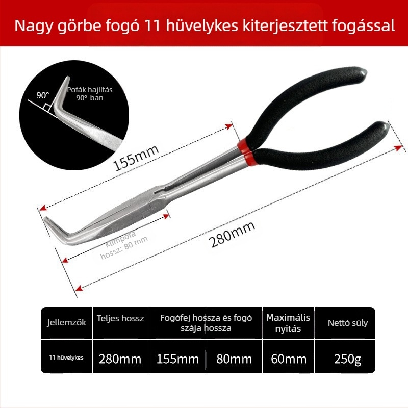 Keresztmetszetű toldófogó, hegyes orrú fogó, 11 hüvelykes O-szorítófejjel, gyújtógyertya-leállító fogó, olajcső-leválasztó fogó