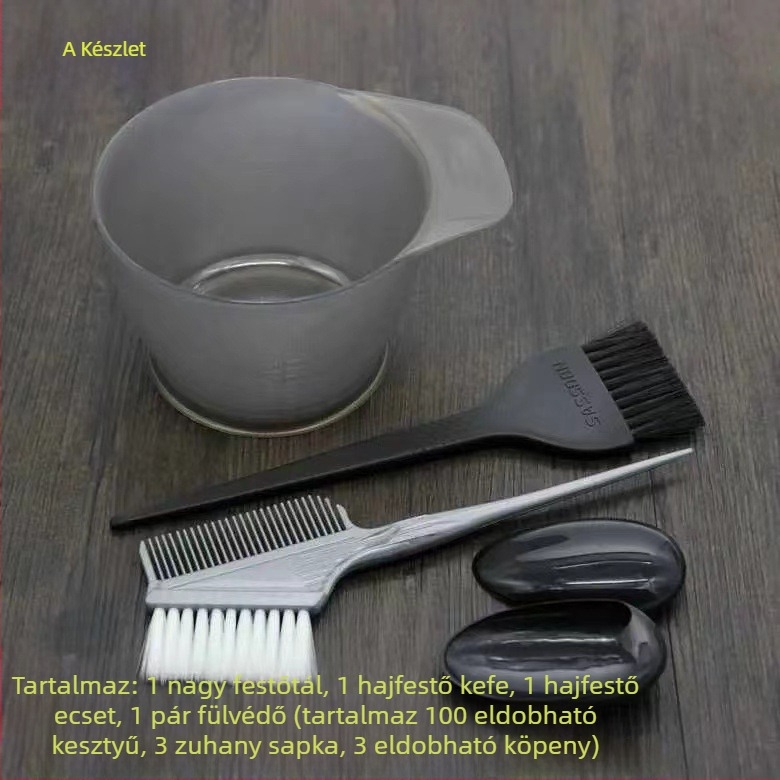 Hajfestő eszközök, háztartási olajkezelő kendő, nagy hajfestő tál, fésű, professzionális hajápolási termékek, puha kefe, fülmaszk