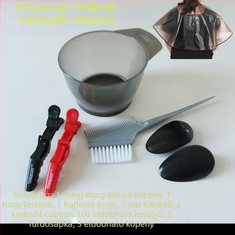 Hajfestő eszközök, háztartási olajkezelő kendő, nagy hajfestő tál, fésű, professzionális hajápolási termékek, puha kefe, fülmaszk