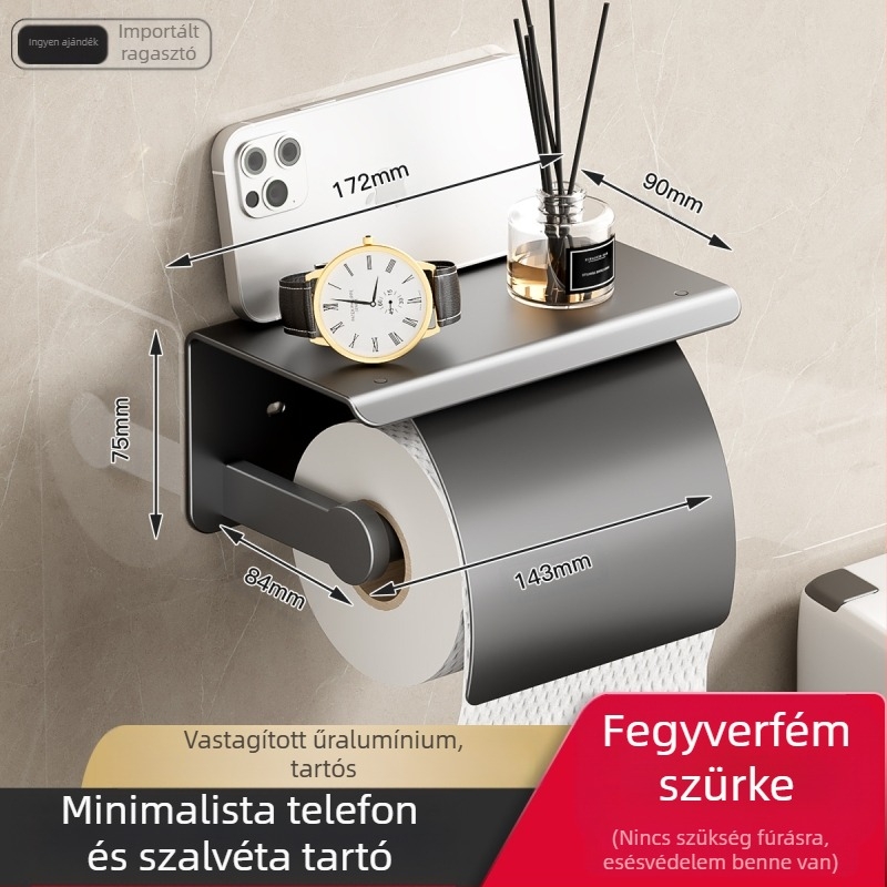 WC-papírtartó, falra szerelhető WC-papírtartó, fürdőszobai lyukasztásmentes WC-papírtartó, tekercses papír, WC-papírtároló állvány