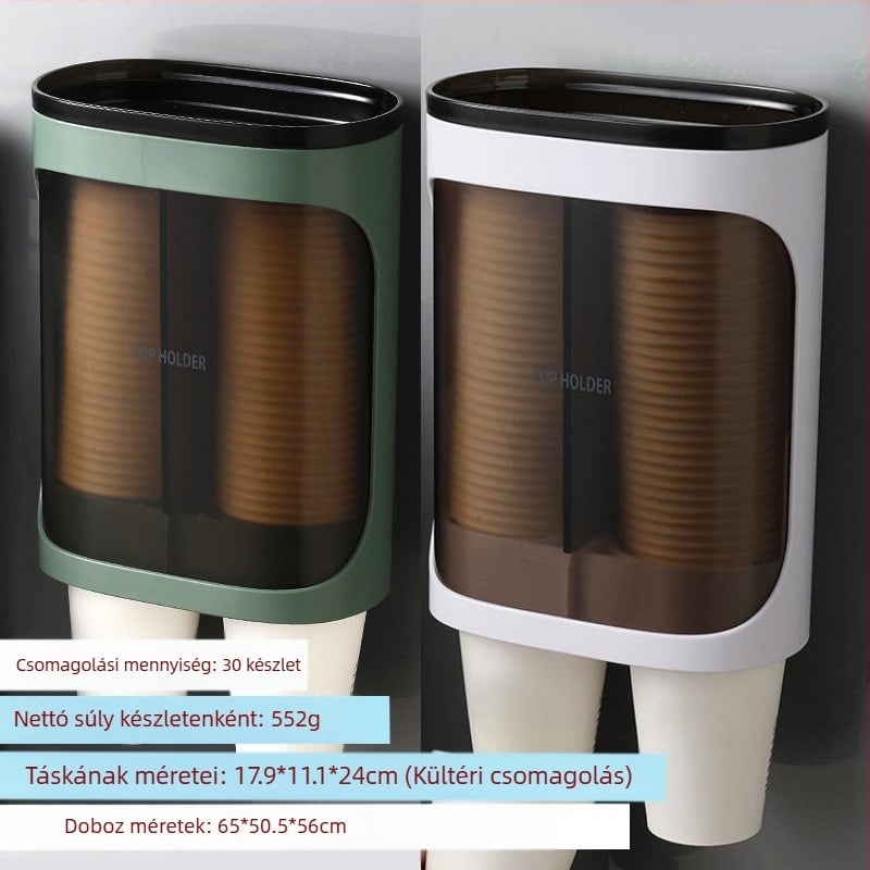Papírpohártartó Falra szerelhető vízadagoló Műanyag pohár Gyors kézfogáshoz Automatikus eldobható papírpohár-tartó