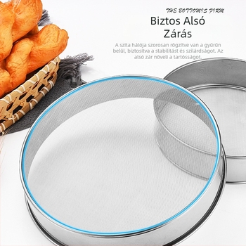 Sütőeszközök 304 rozsdamentes acél lisztszita kézi kerek szűrőszita 40 mesh 60 mesh finom lisztszűrő szita