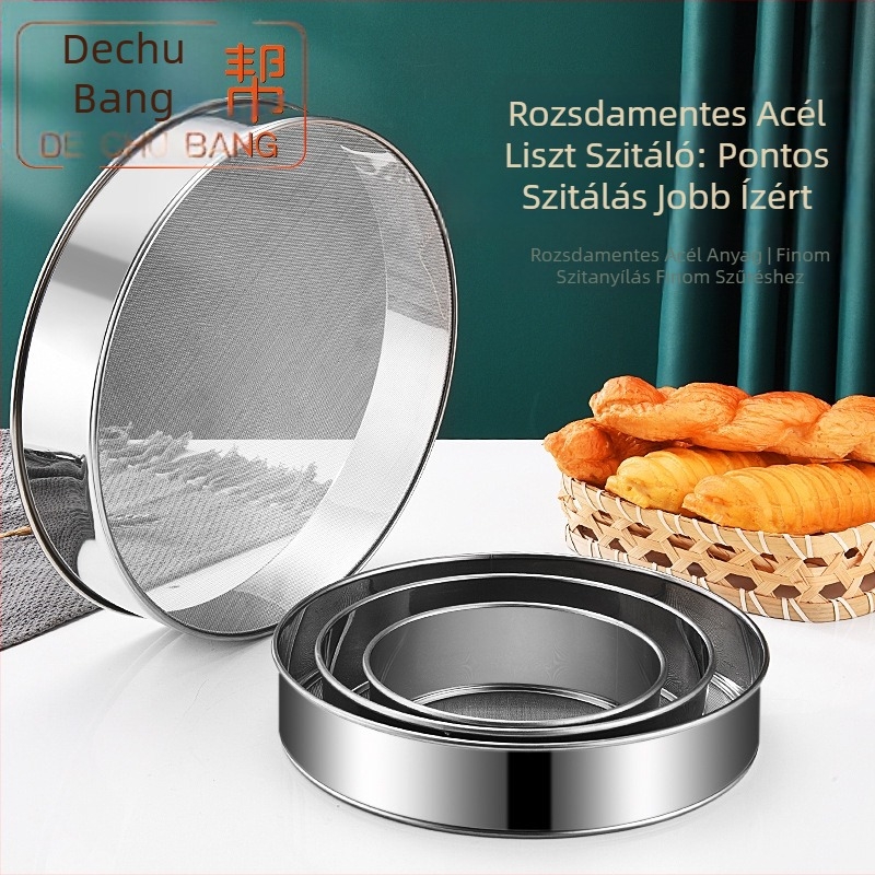Sütőeszközök 304 rozsdamentes acél lisztszita kézi kerek szűrőszita 40 mesh 60 mesh finom lisztszűrő szita