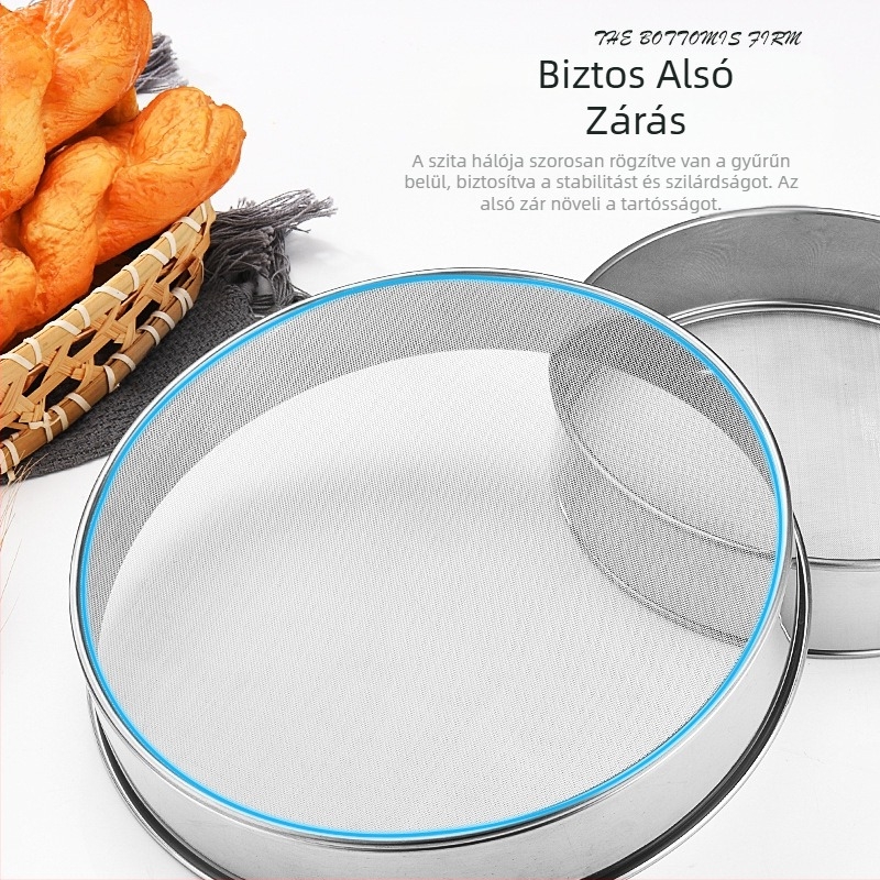 Sütőeszközök 304 rozsdamentes acél lisztszita kézi kerek szűrőszita 40 mesh 60 mesh finom lisztszűrő szita