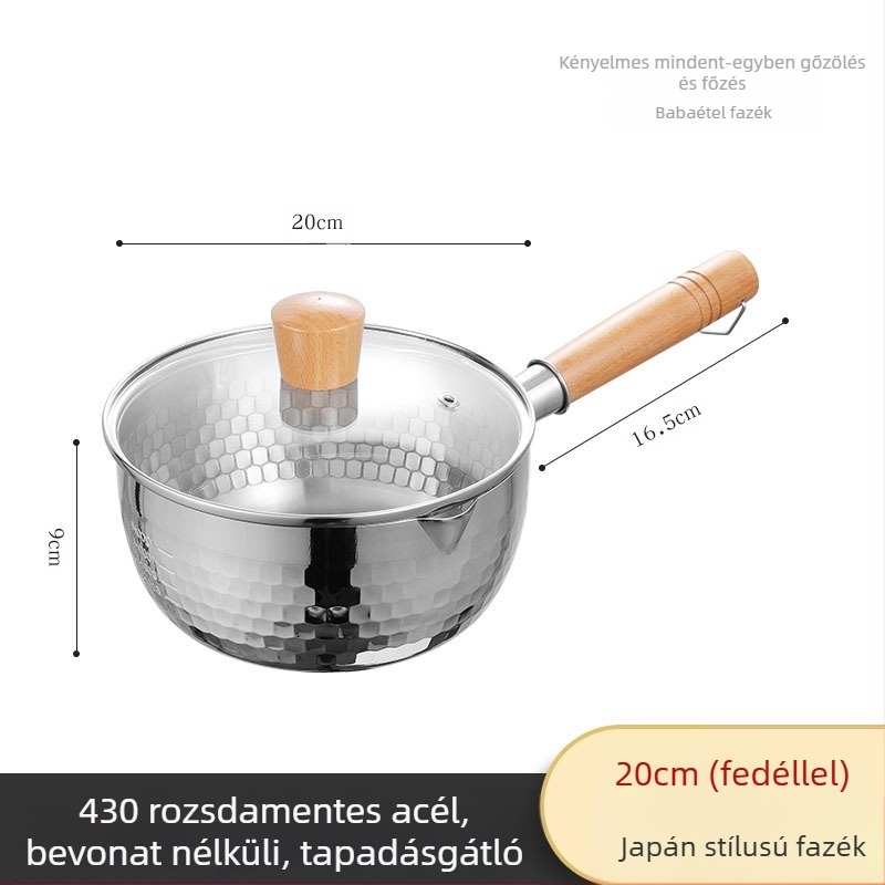 304 rozsdamentes acél hótálca bevonat nélküli tejeskanna étrend-kiegészítő serpenyő vastagított instant tésztafazék japán fa fogantyú levestejfazék