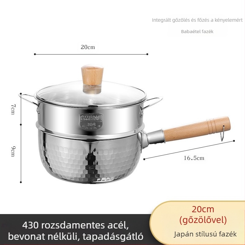 304 rozsdamentes acél hótálca bevonat nélküli tejeskanna étrend-kiegészítő serpenyő vastagított instant tésztafazék japán fa fogantyú levestejfazék