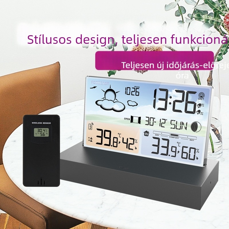 Határokon átnyúló új termék átlátszó üveg időjárásóra 3396C színes képernyő RF vezeték nélküli többfunkciós időjárás-előrejelző digitális ébresztőóra