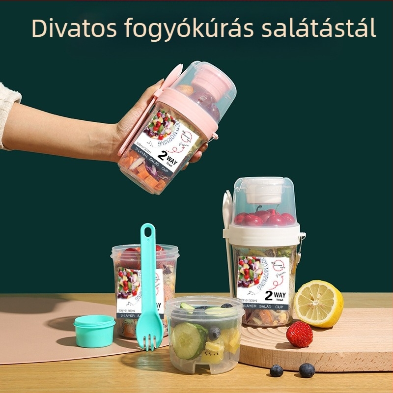 Határokon átnyúló, kétrétegű, hordozható salátáspohár munkába járáshoz, zöldségekhez, zsírcsökkentő könnyűpohárhoz, gyümölcsös zabpehely joghurt reggelihez
