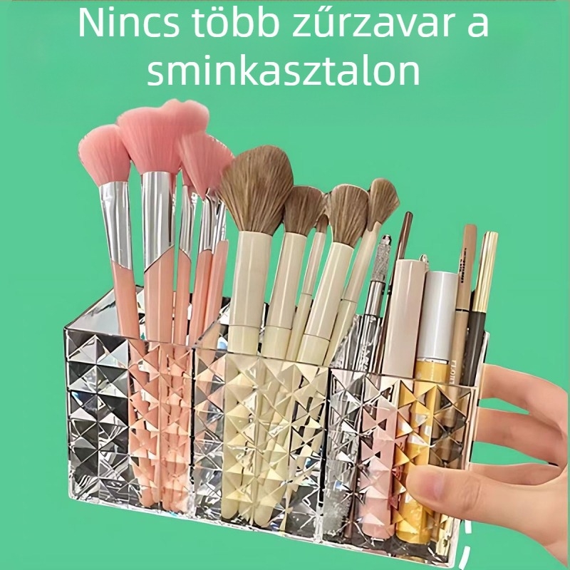 PS anyagból készült vastagított átlátszó háromrekeszes kozmetikai tárolódoboz gyémánt mintás sminktoll szemöldöktoll tárolócső asztali tollcső