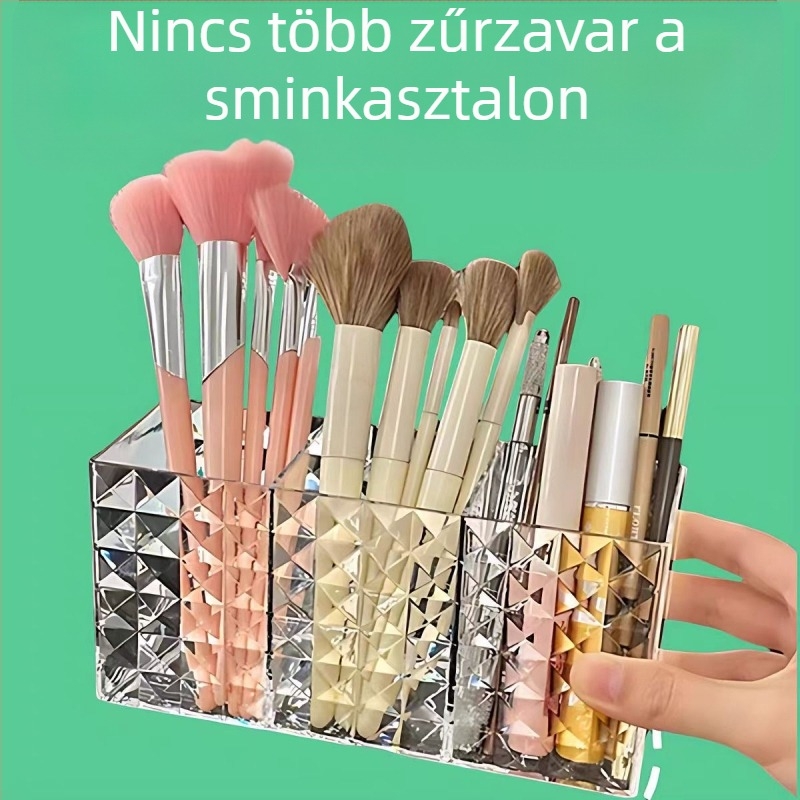 PS anyagból készült vastagított átlátszó háromrekeszes kozmetikai tárolódoboz gyémánt mintás sminktoll szemöldöktoll tárolócső asztali tollcső