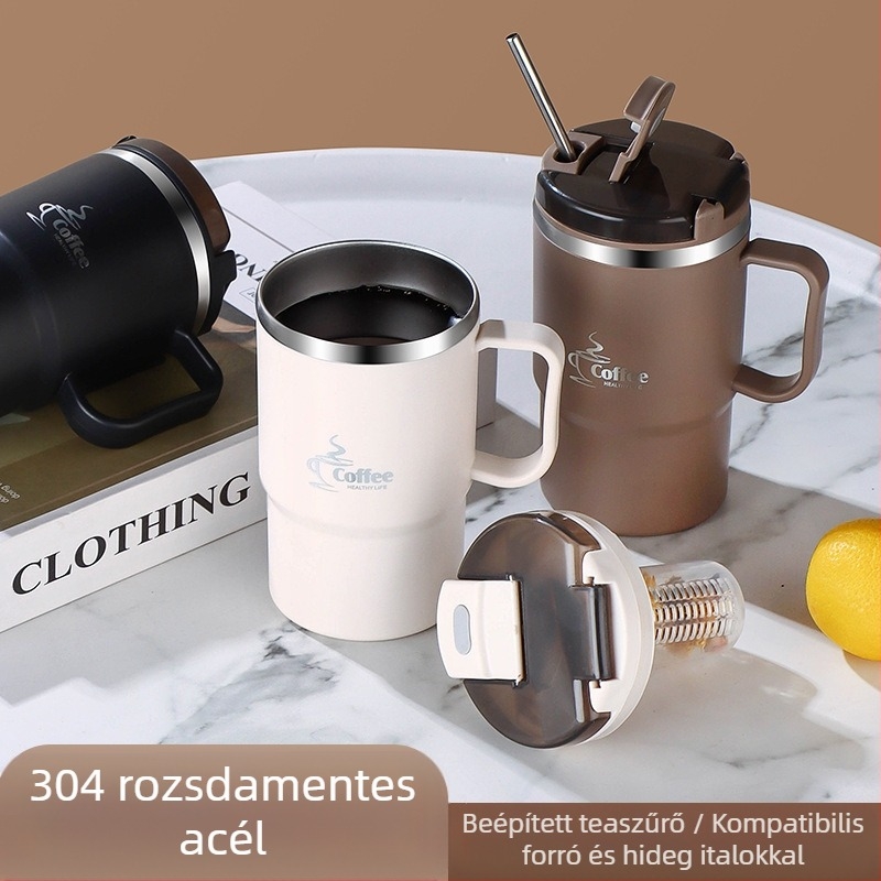 Határokon átnyúló, nagy értékű bögre, szívószálas, rozsdamentes acél kávésbögre, hordozható, praktikus tea- és vízleválasztó bögre