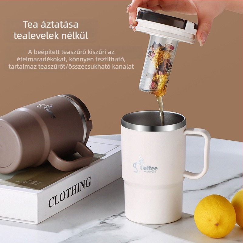 Határokon átnyúló, nagy értékű bögre, szívószálas, rozsdamentes acél kávésbögre, hordozható, praktikus tea- és vízleválasztó bögre