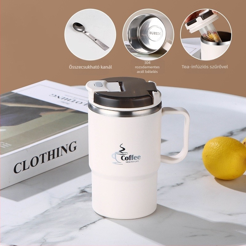 Határokon átnyúló, nagy értékű bögre, szívószálas, rozsdamentes acél kávésbögre, hordozható, praktikus tea- és vízleválasztó bögre