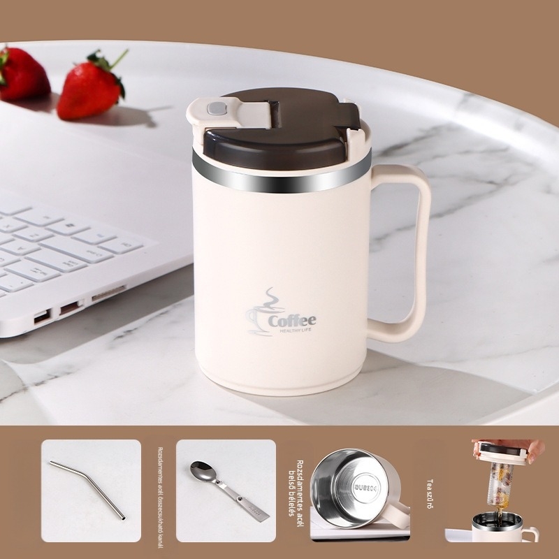 Határokon átnyúló, nagy értékű bögre, szívószálas, rozsdamentes acél kávésbögre, hordozható, praktikus tea- és vízleválasztó bögre