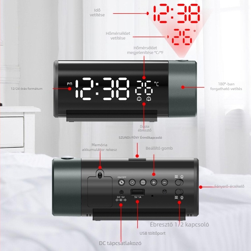 Határokon átnyúló vetítőóra, eladó ébresztőóra, USB töltésű elektronikus óra, kettős ébresztőóra, idő-hőmérséklet-kivetítés