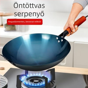 Szállodai séf különleges fa nyéllel ellátott vasedénye, régimódi háztartási wok, vastagított wok, nehezen ragasztható, bevonat nélküli kerek aljú edény