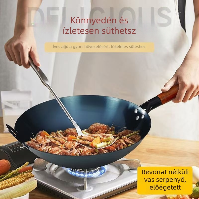 Szállodai séf különleges fa nyéllel ellátott vasedénye, régimódi háztartási wok, vastagított wok, nehezen ragasztható, bevonat nélküli kerek aljú edény