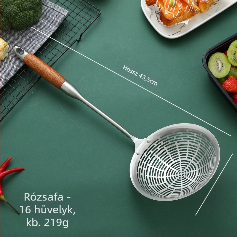 Rozsdamentes acél szűrőedény, rózsafa, hosszú nyelű, forró edényhez való kanál, sült szűrőedény, nagy szűrő, borslecsepegtető szűrő, nagy szűrőedény