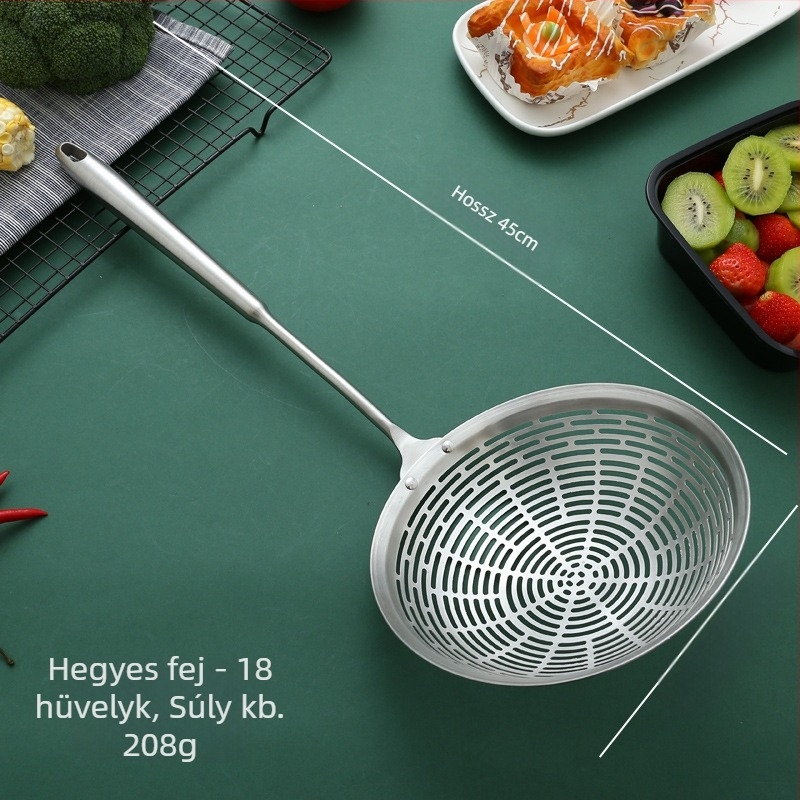 Rozsdamentes acél szűrőedény, rózsafa, hosszú nyelű, forró edényhez való kanál, sült szűrőedény, nagy szűrő, borslecsepegtető szűrő, nagy szűrőedény