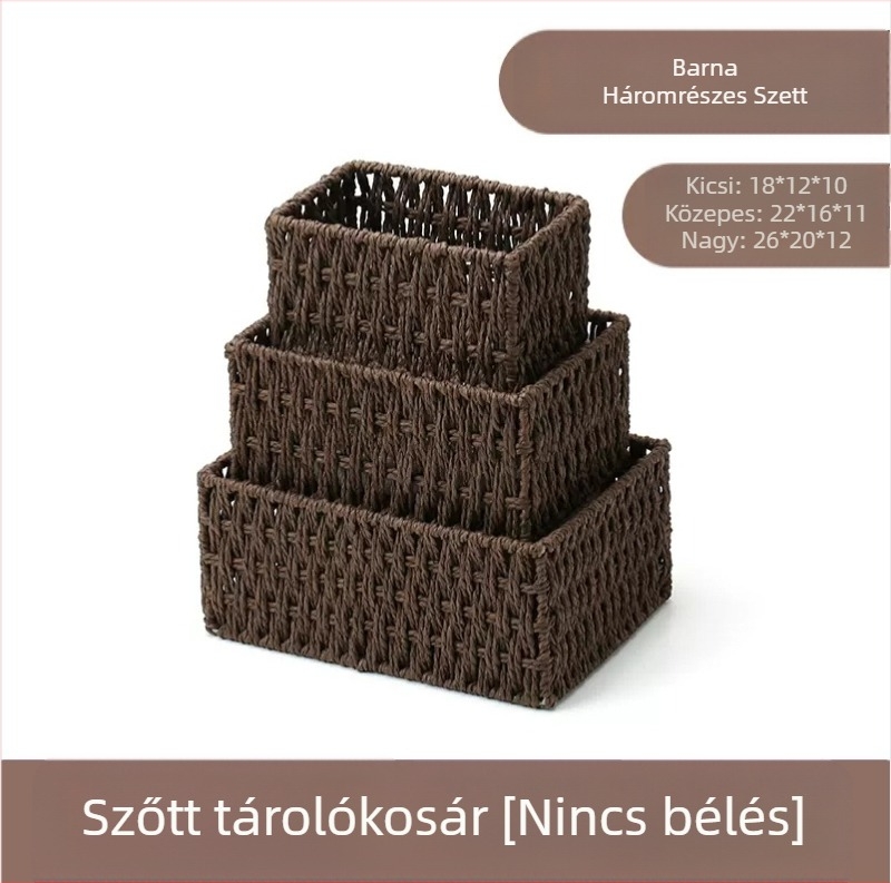 Papírfonatból készült asztali rendező kosár, fonott keret, kulcsok, távirányítók, magazinok, kábelek és nassolnivalók tárolására