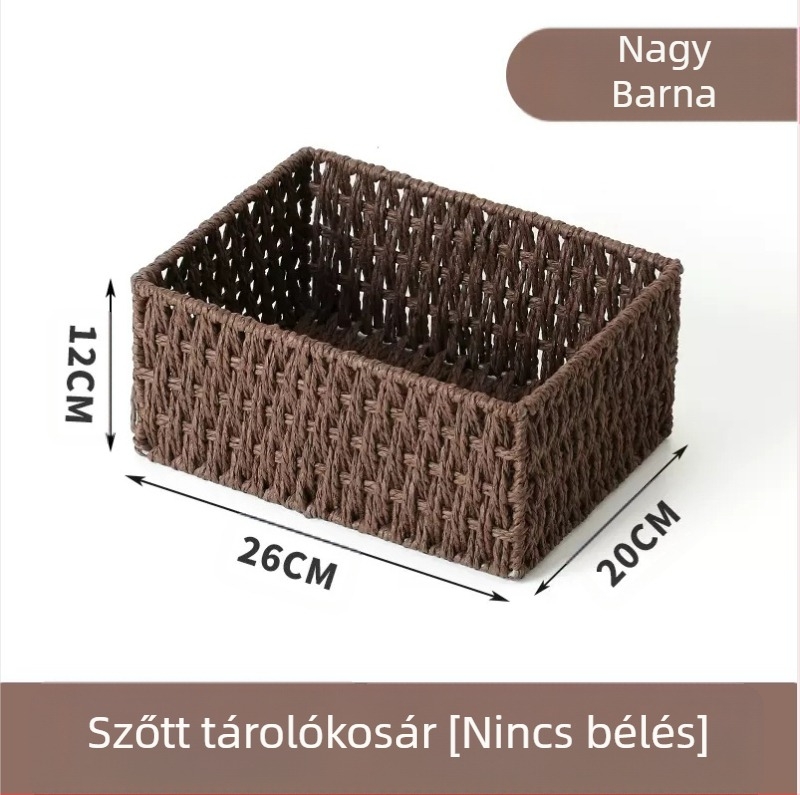 Papírfonatból készült asztali rendező kosár, fonott keret, kulcsok, távirányítók, magazinok, kábelek és nassolnivalók tárolására
