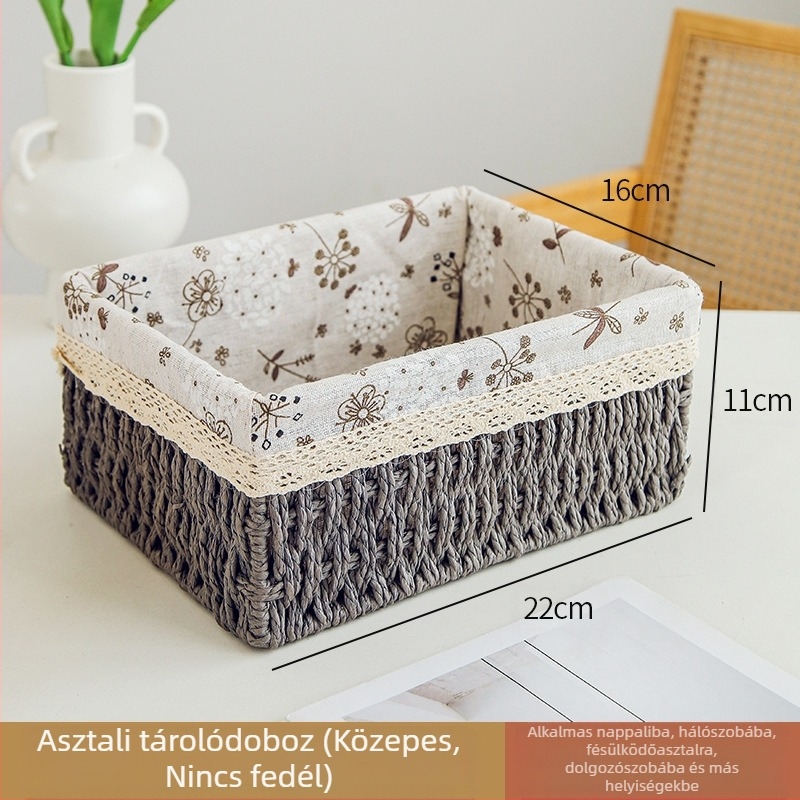 Papírfonatból készült asztali rendező kosár, fonott keret, kulcsok, távirányítók, magazinok, kábelek és nassolnivalók tárolására
