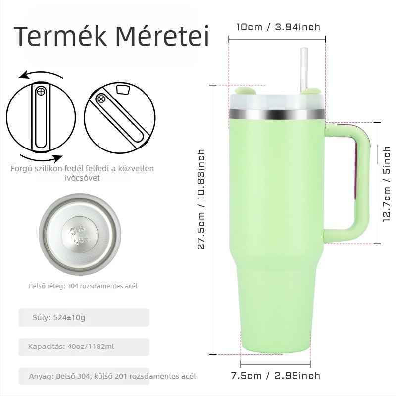 SX határokon átnyúló, 40 oz-os nagy kapacitású fogantyús autóspohár, 304 rozsdamentes acél szívószálas jégpohár, hordozható autós termoszpohár