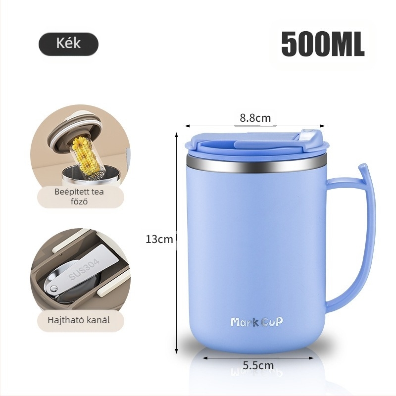 Gyárilag közvetlen szállítású, magas színű, 304 rozsdamentes acélból készült kávésbögre, tealefolyóval és fedéllel ellátott irodai bögregenerációval