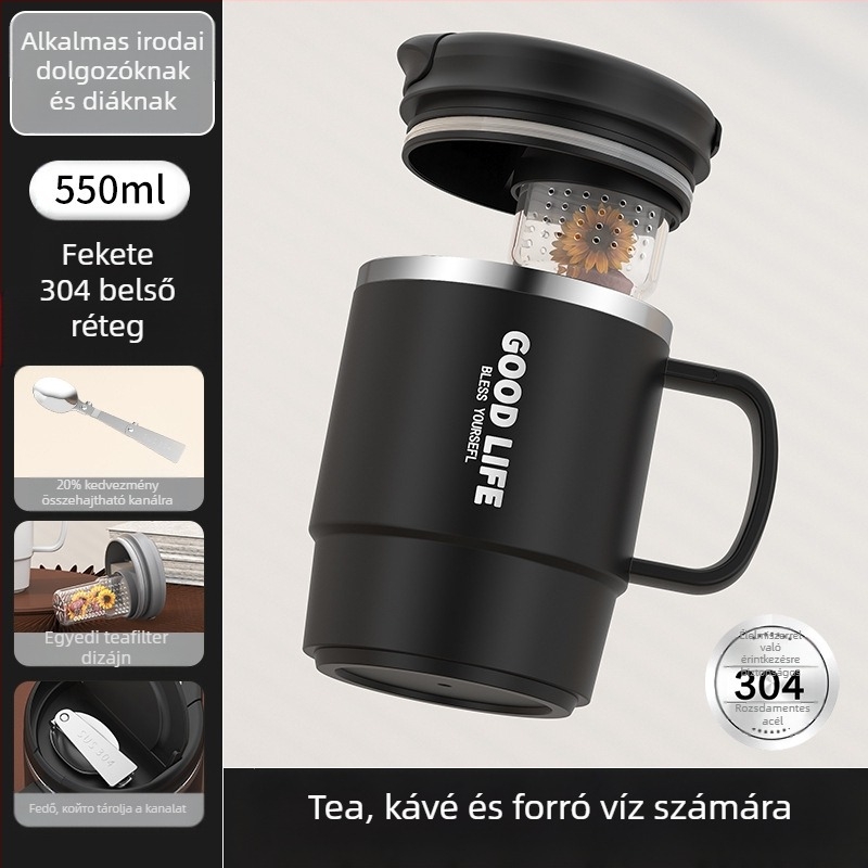 Gyárilag közvetlen szállítású, magas színű, 304 rozsdamentes acélból készült kávésbögre, tealefolyóval és fedéllel ellátott irodai bögregenerációval