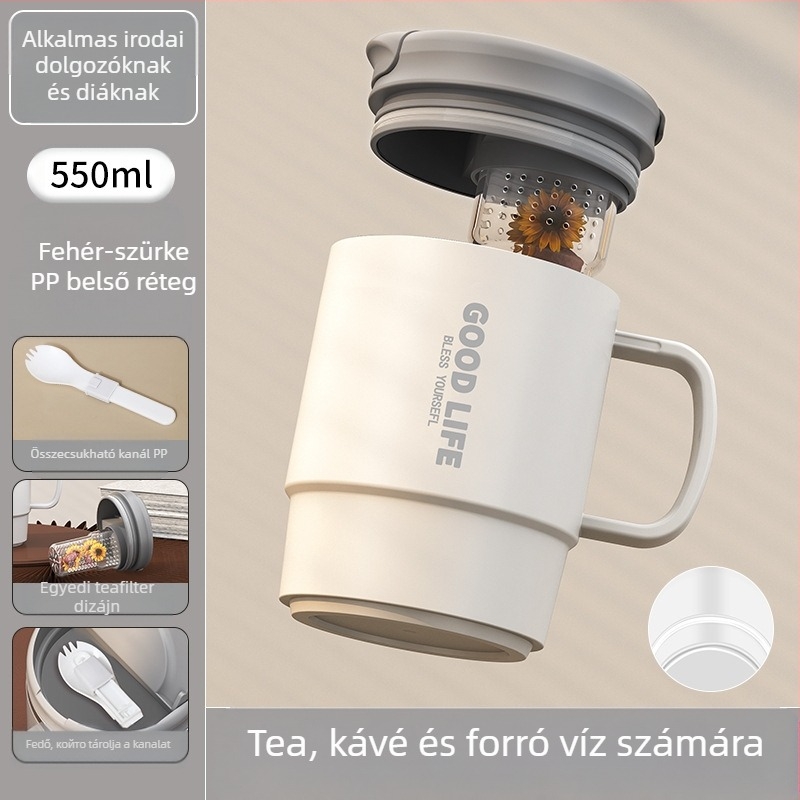 Gyárilag közvetlen szállítású, magas színű, 304 rozsdamentes acélból készült kávésbögre, tealefolyóval és fedéllel ellátott irodai bögregenerációval