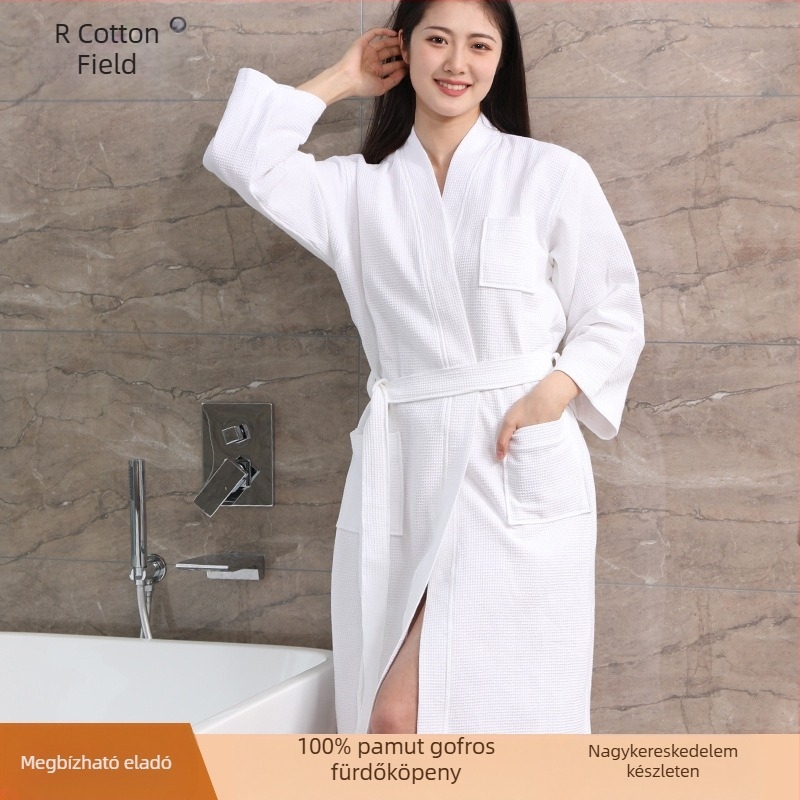 Tiszta pamut hotelszobai fürdőköpeny nagykereskedelem pamut vékony gofri fürdőköpeny szépségszalon B & B nedvszívó, gyorsan száradó fürdőköpeny nőknek