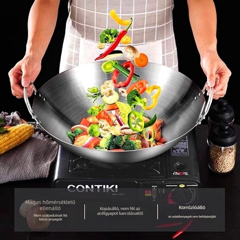 Rozsdamentes acél dupla fülű wok, kereskedelmi, egykaros, séf, nagyméretű serpenyő, kerek aljú, tapadásmentes serpenyő, háztartási wok, gáztűzhelyhez, speciális