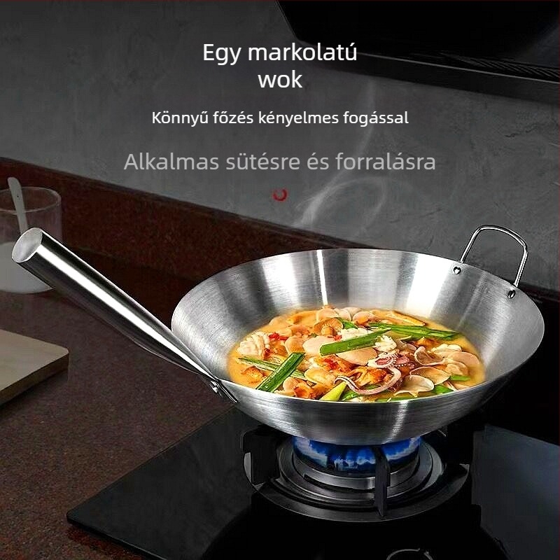 Rozsdamentes acél dupla fülű wok, kereskedelmi, egykaros, séf, nagyméretű serpenyő, kerek aljú, tapadásmentes serpenyő, háztartási wok, gáztűzhelyhez, speciális