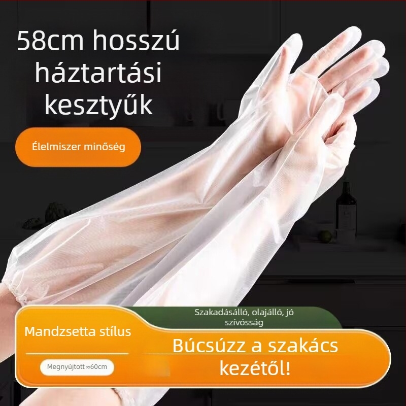 Bélelt, eldobható, hosszú karú kesztyűk, CPE vastagított, vízálló és olajálló konyhai házimunka lazító tisztítókesztyűk